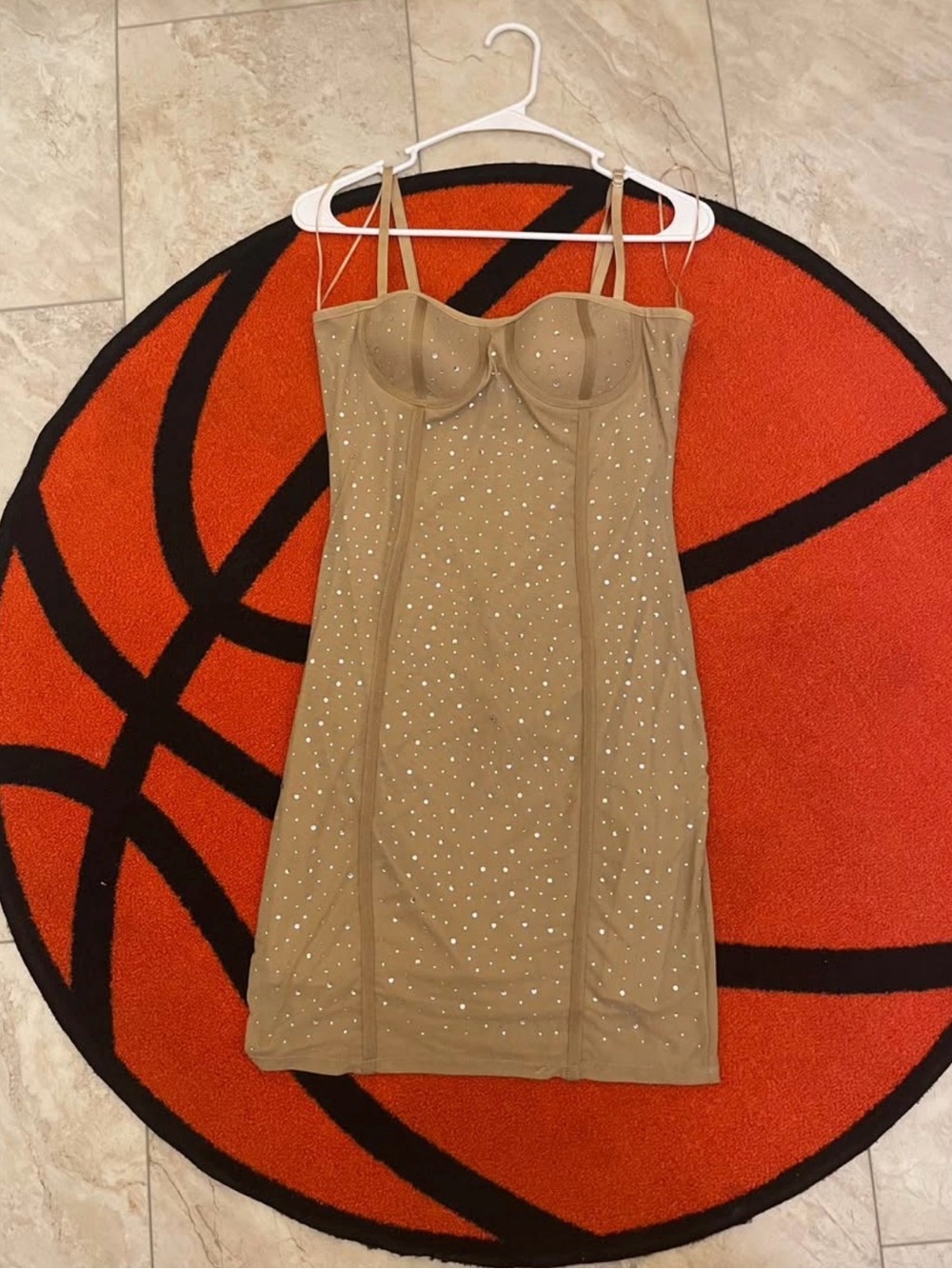 Beige Rhinestone Bustier Mini Dress with Sheer Straps- Size Medium